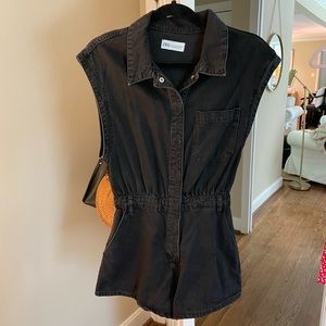 Zara, black denim romper with pockets, belt loops, and buttons up the front